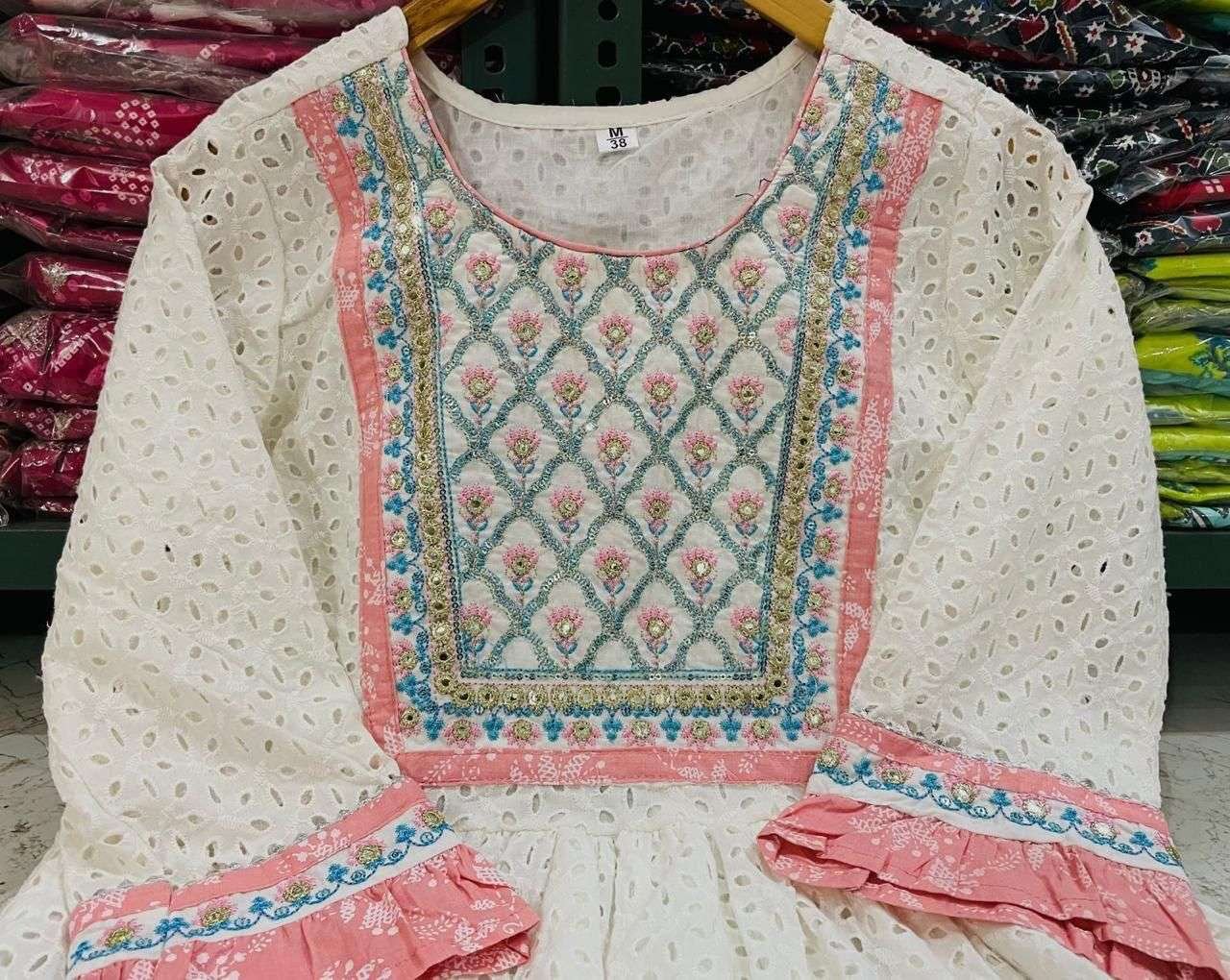 Women's Cotton Embroidered Nayra Cut Kurti With Pant and Dupatta Set - Image 2