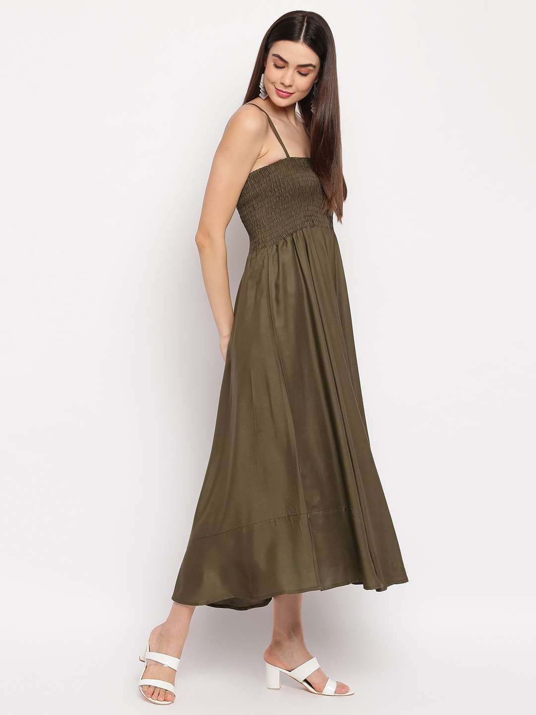 Women's Viscose Rayon Solid Shoulder Straps Sleeveless Flared Gown Drees (Olive Green) - Image 3