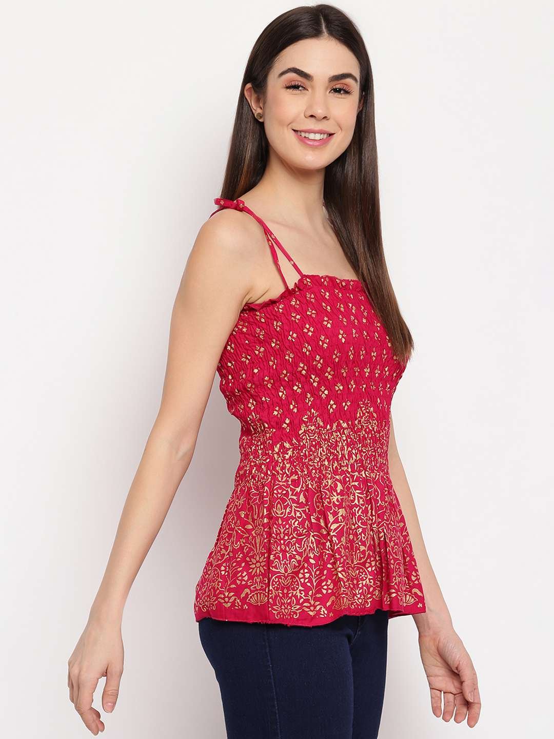 Women's Rayon Floral Printed Casual Summer Style Tie Shoulder Straps Free Size Tank Top ( Maroon Gold Pattern) - Image 2