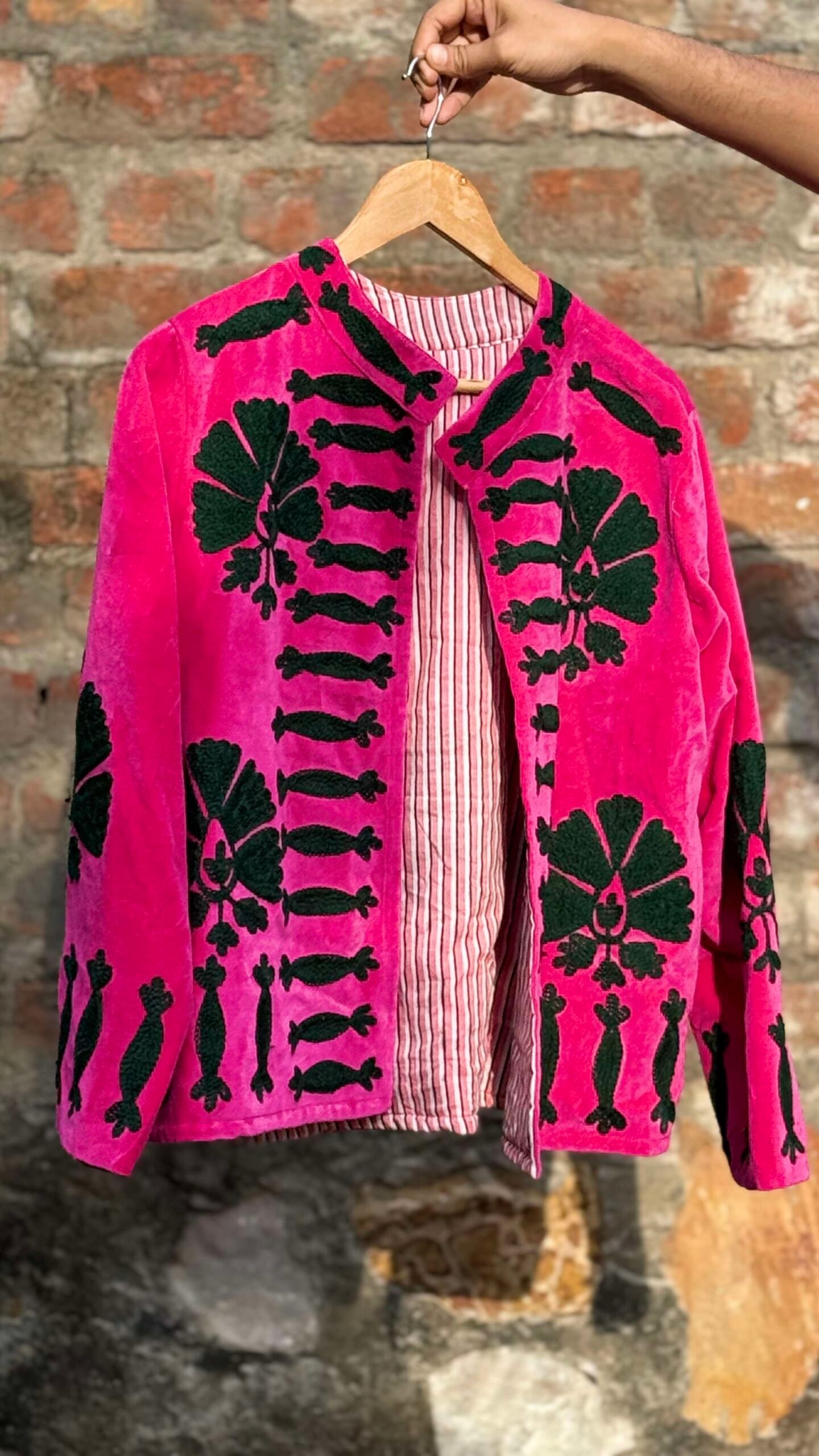 Womens Pink Velvet Embroidered Jacket with Floral Design - Image 3