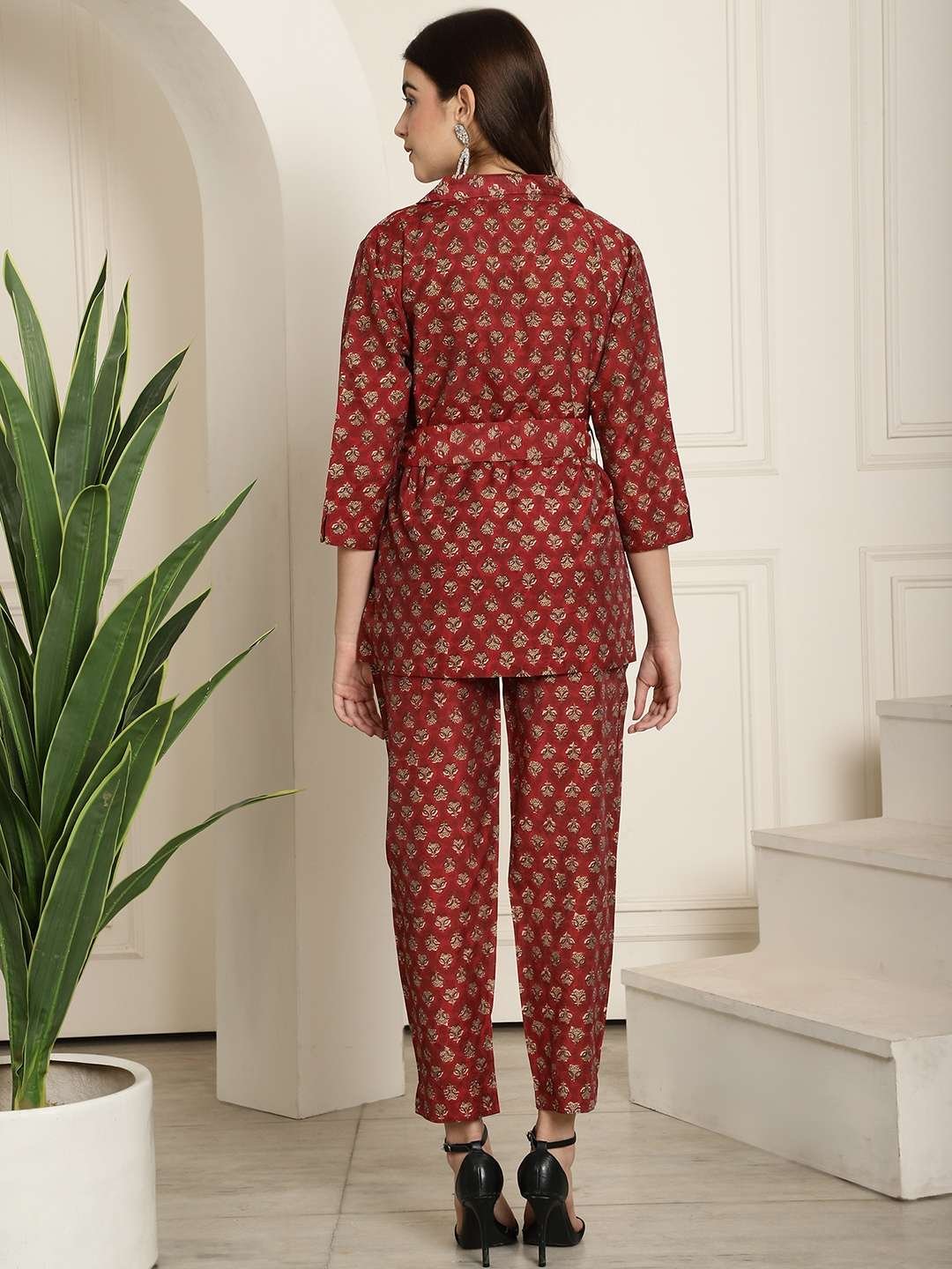 Women's Pure Cotton Printed Collared Top and Pant Co-ord Set (Maroon) - Image 2