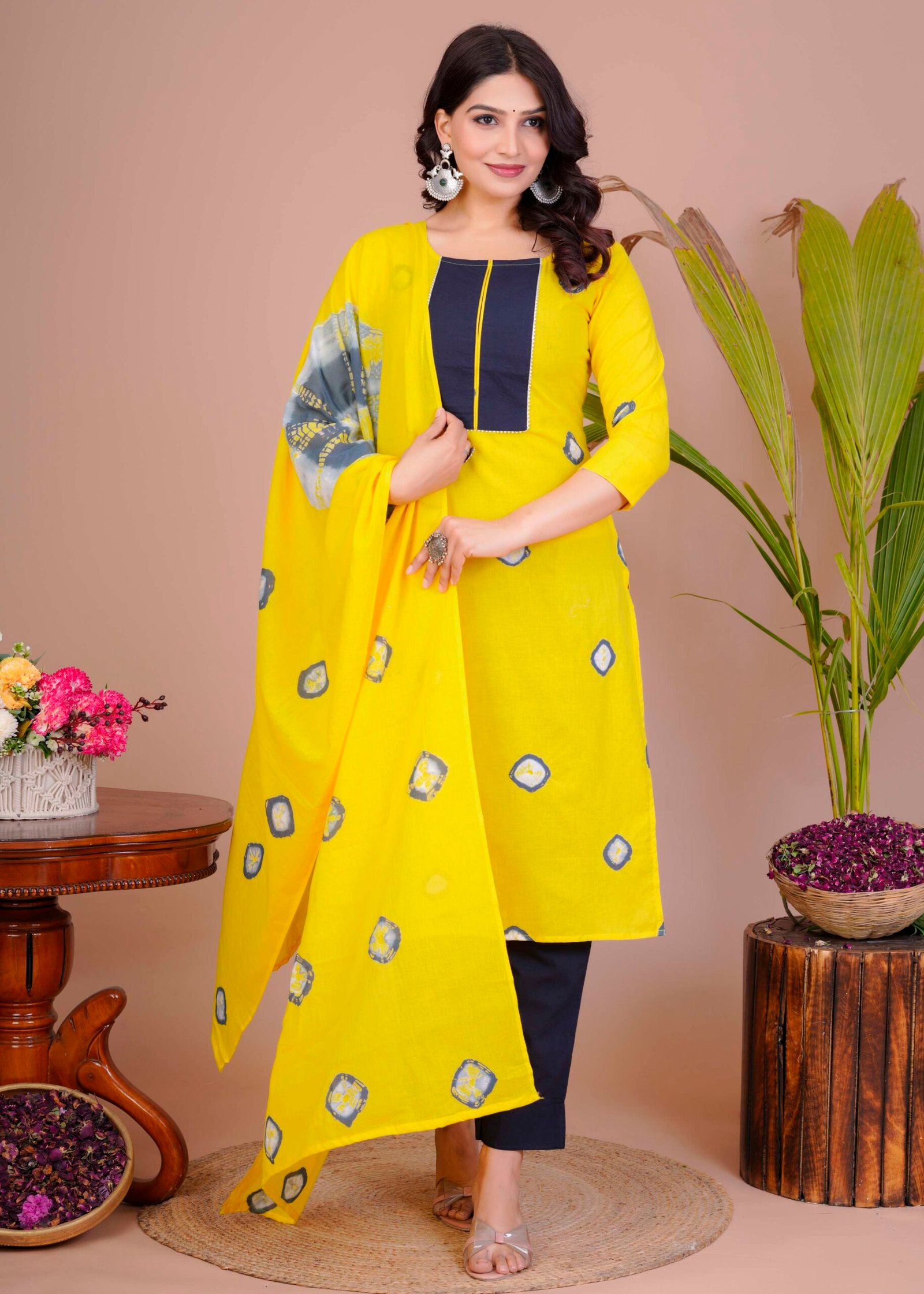 Women's Yellow & Navy Cotton Tie-Dye Straight Kurti with Pant & Dupatta Set - Image 5