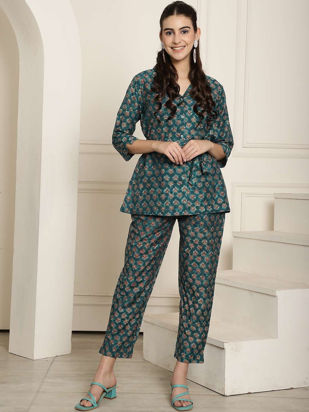 Women's Pure Cotton Printed Collared Top and Pant Co-ord Set - Image 8
