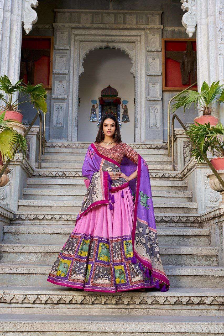 Purple Tussar Silk Lehenga Choli with Baby Pink Blouse | Kalamkari & Foil Work | Wedding & Festive Wear
