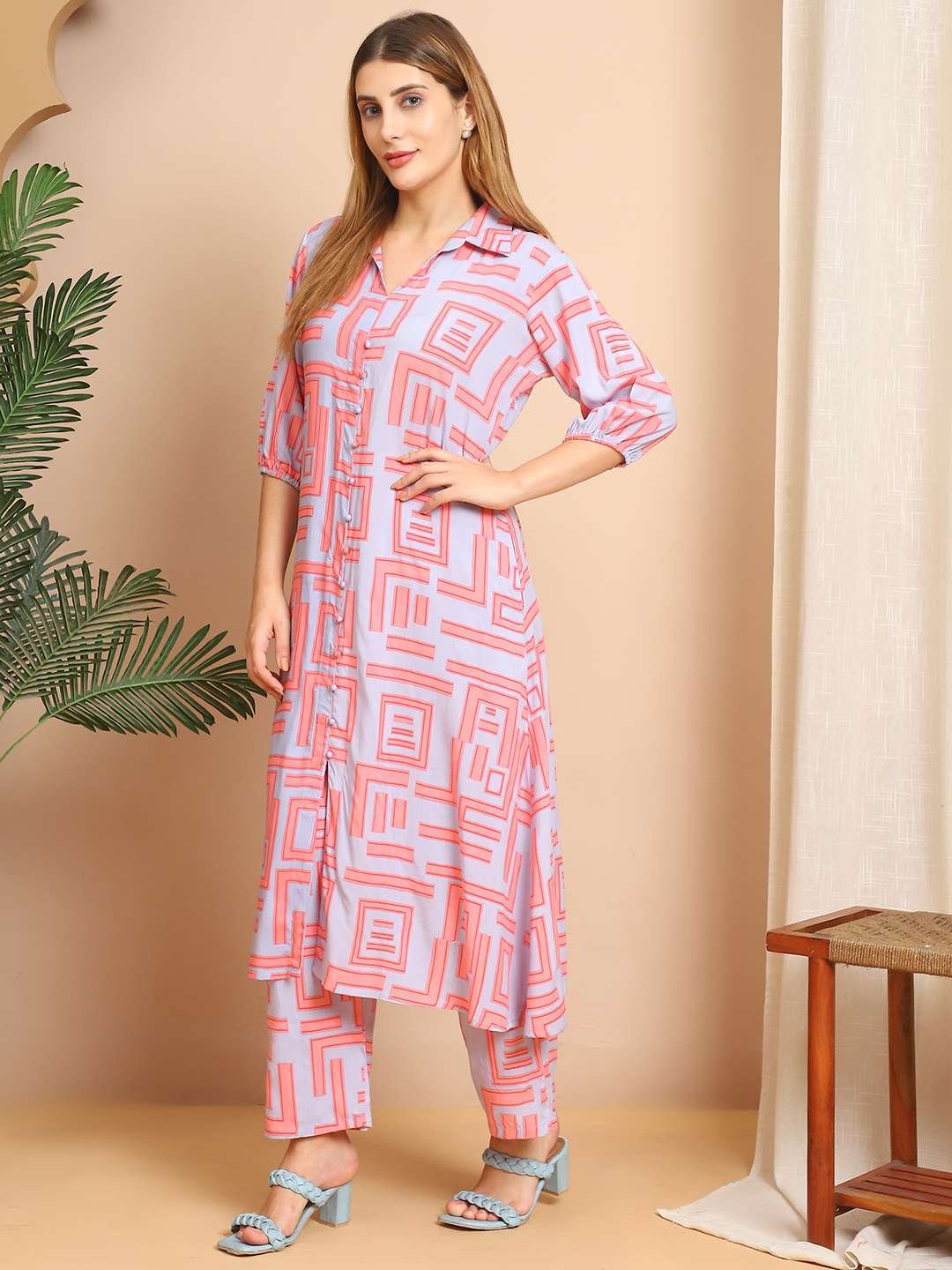 Women's Pure Cotton Printed Collared Top and Pant Co-ord Set (Pink Gr)