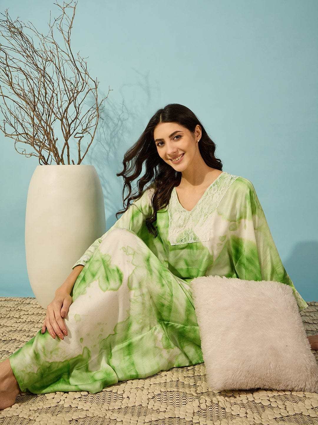 Women's Cotton Tie Dye Print Flowing Bell Sleeves Full Length Kaftan Drees Casual Beach Wear ( Green ) - Image 4