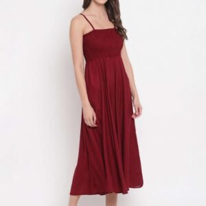 Women's Viscose Rayon Solid Shoulder Straps Sleeveless Flared Gown Drees (Maroon)
