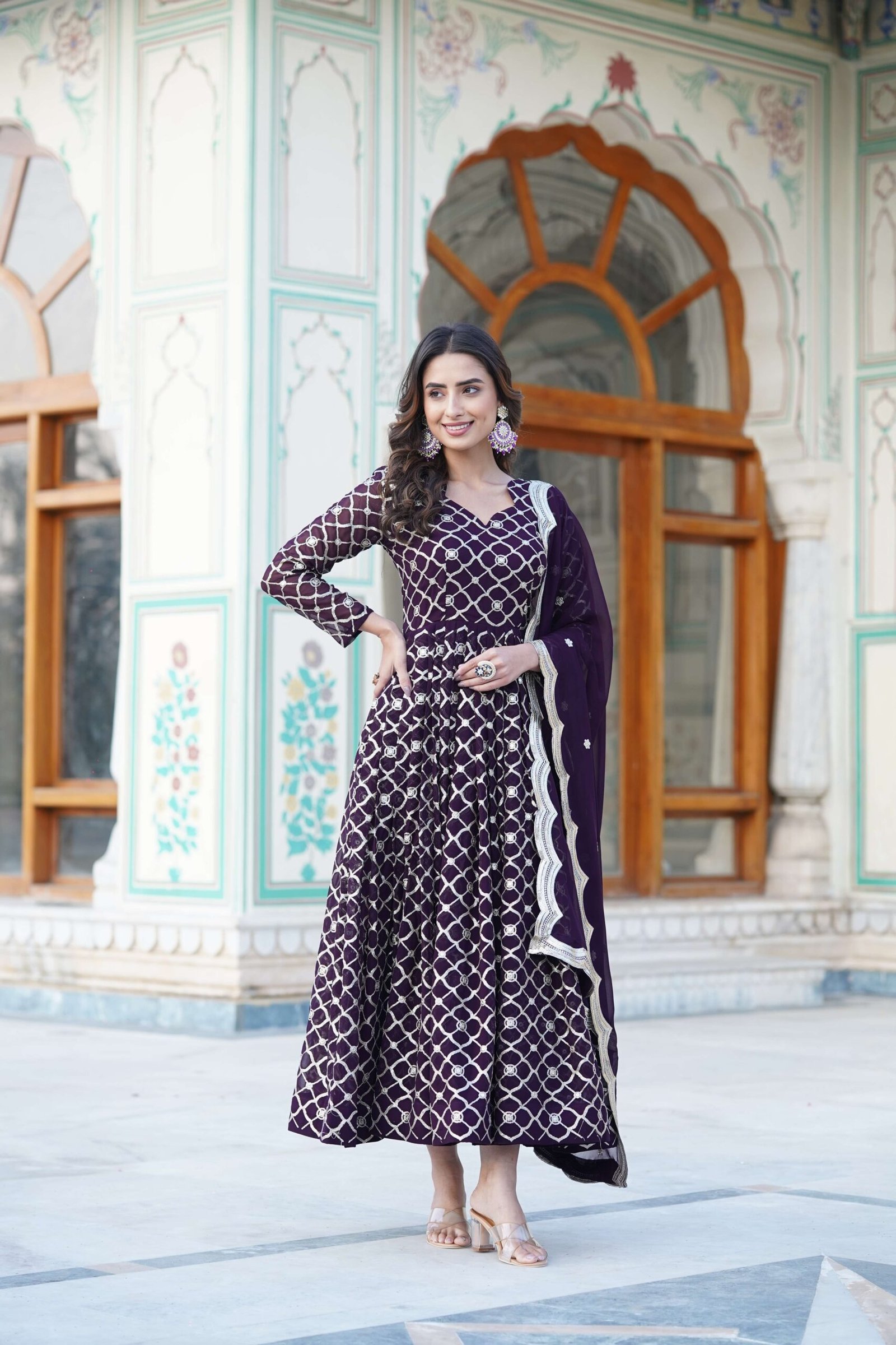 Wine Faux Blooming Designer Gown with Sequined Dupatta ? Elegant Fully Flared Party & Wedding Set - Image 4
