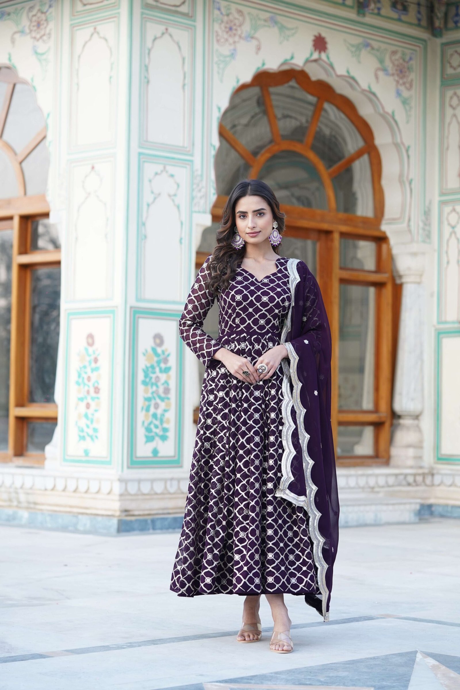 Wine Faux Blooming Designer Gown with Sequined Dupatta ? Elegant Fully Flared Party & Wedding Set - Image 2