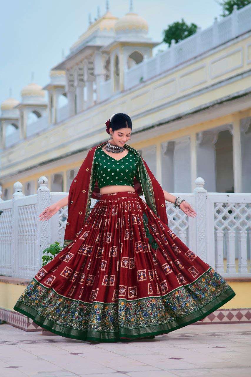 Maroon Tussar Silk Lehenga Choli with Dark Green Blouse | Bandhani Peacock & Foil Print | Wedding & Festive Wear