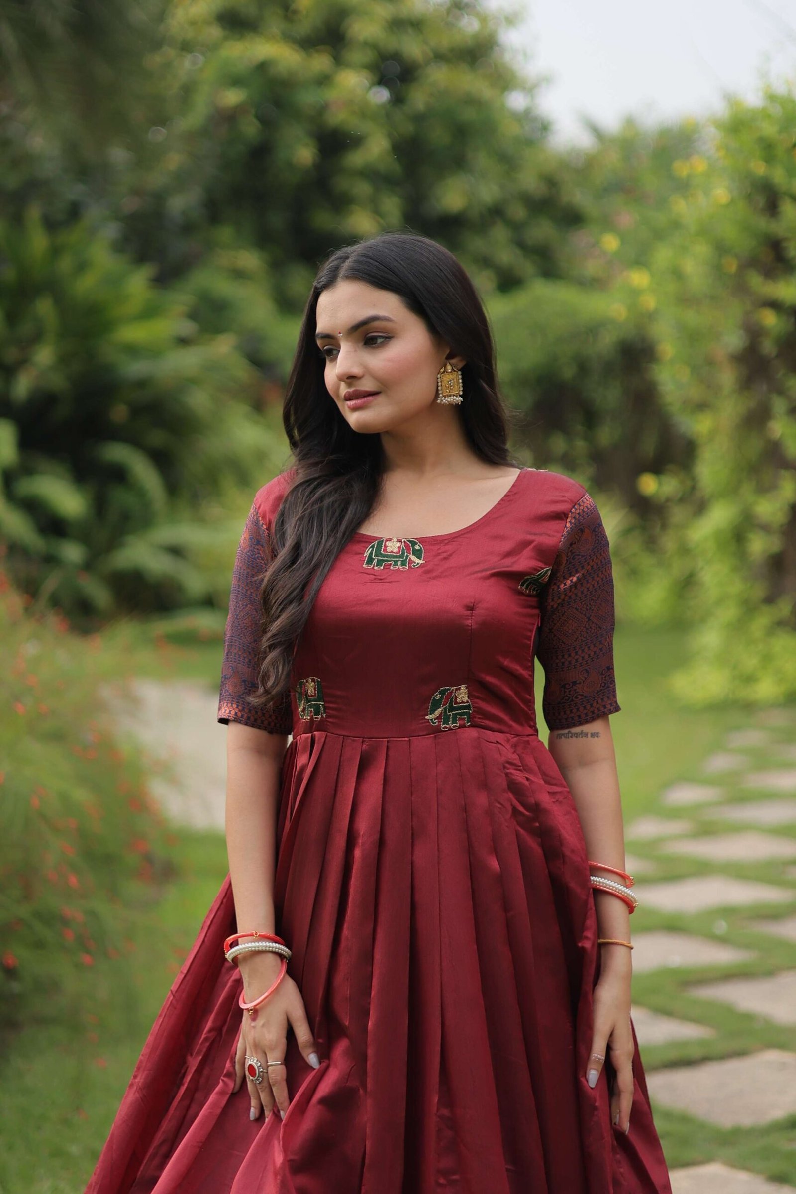 Maroon Banarasi Jacquard Silk Gown ? Elegant Free-Size Designer Party & Wedding Wear - Image 2
