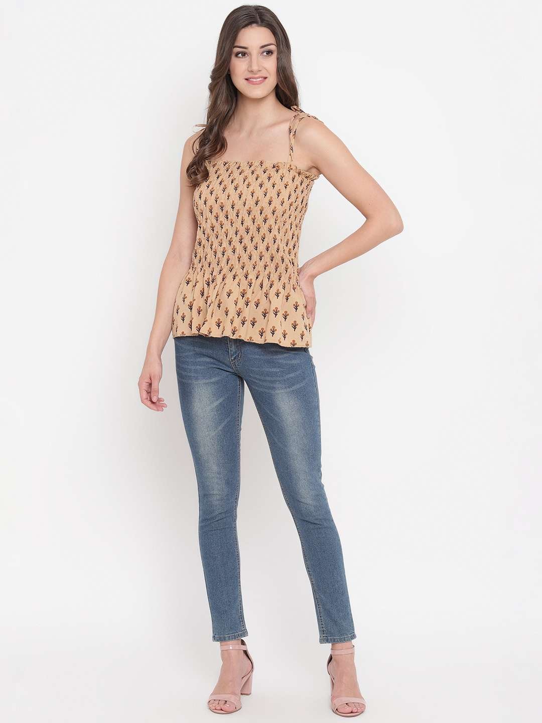 Women's Rayon Elephant Print Casual Summer Style Tie Shoulder Straps Free Size Tank Top ( Brown Beige) - Image 3