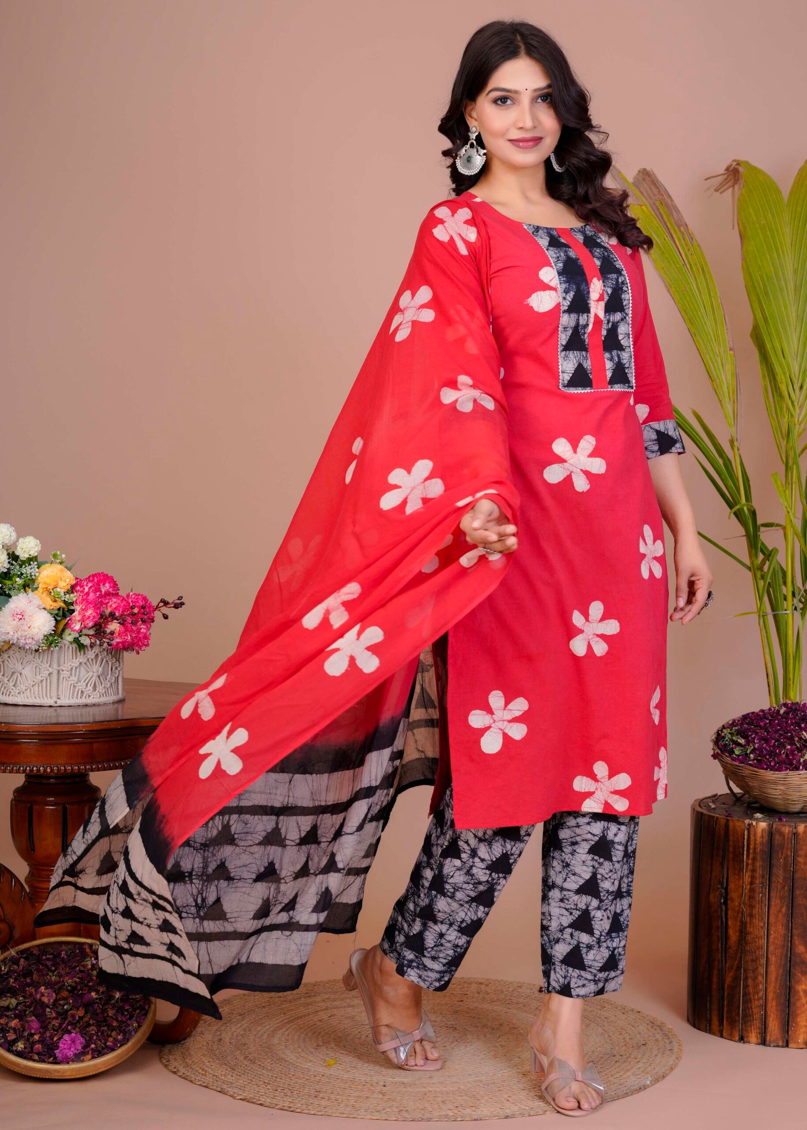 Women's Red Cotton Printed Straight Kurti with Pant & Dupatta Set - Image 4