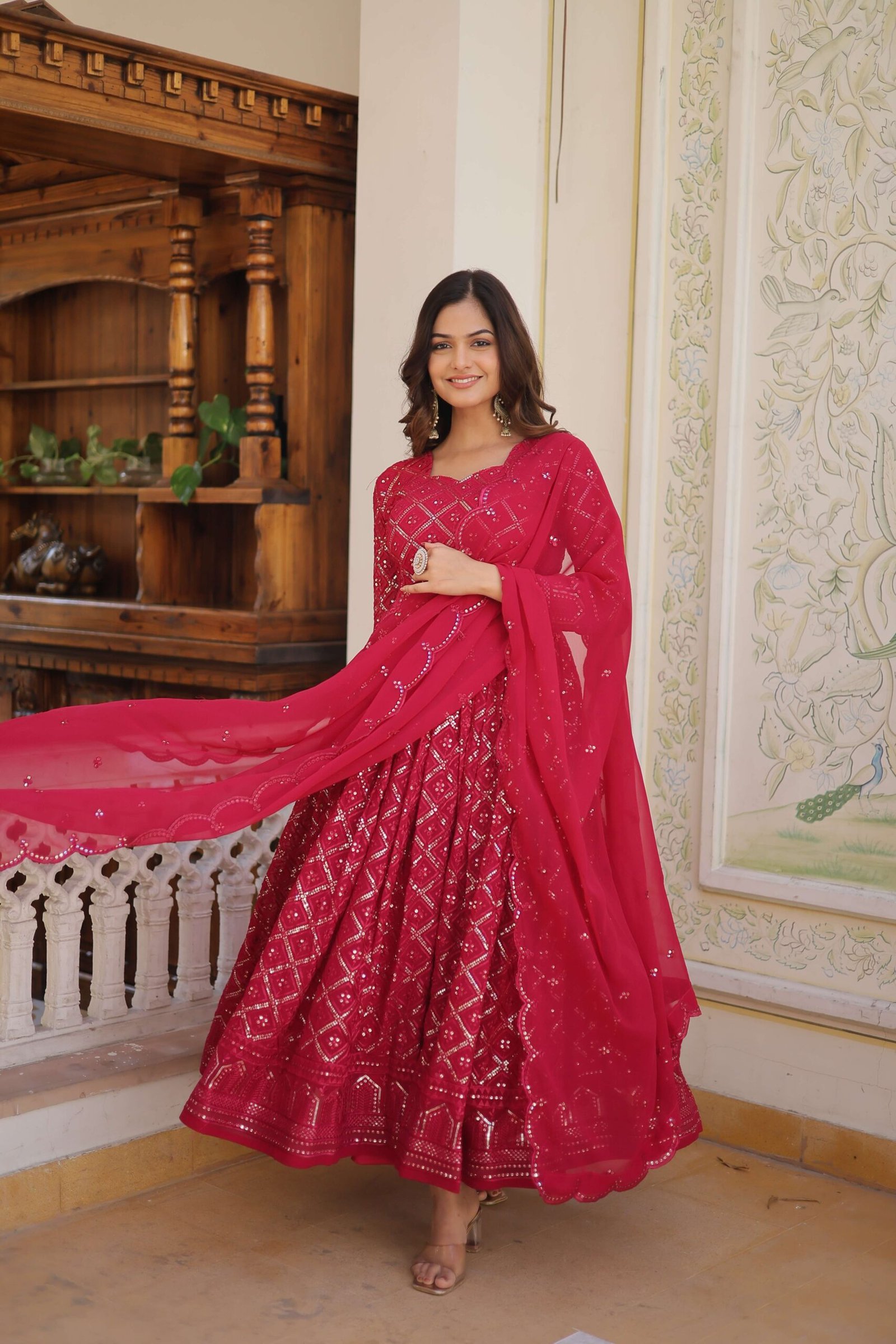 Rani Faux Blooming Designer Gown with Sequined Dupatta ? Elegant Fully Flared Party & Wedding Set - Image 3