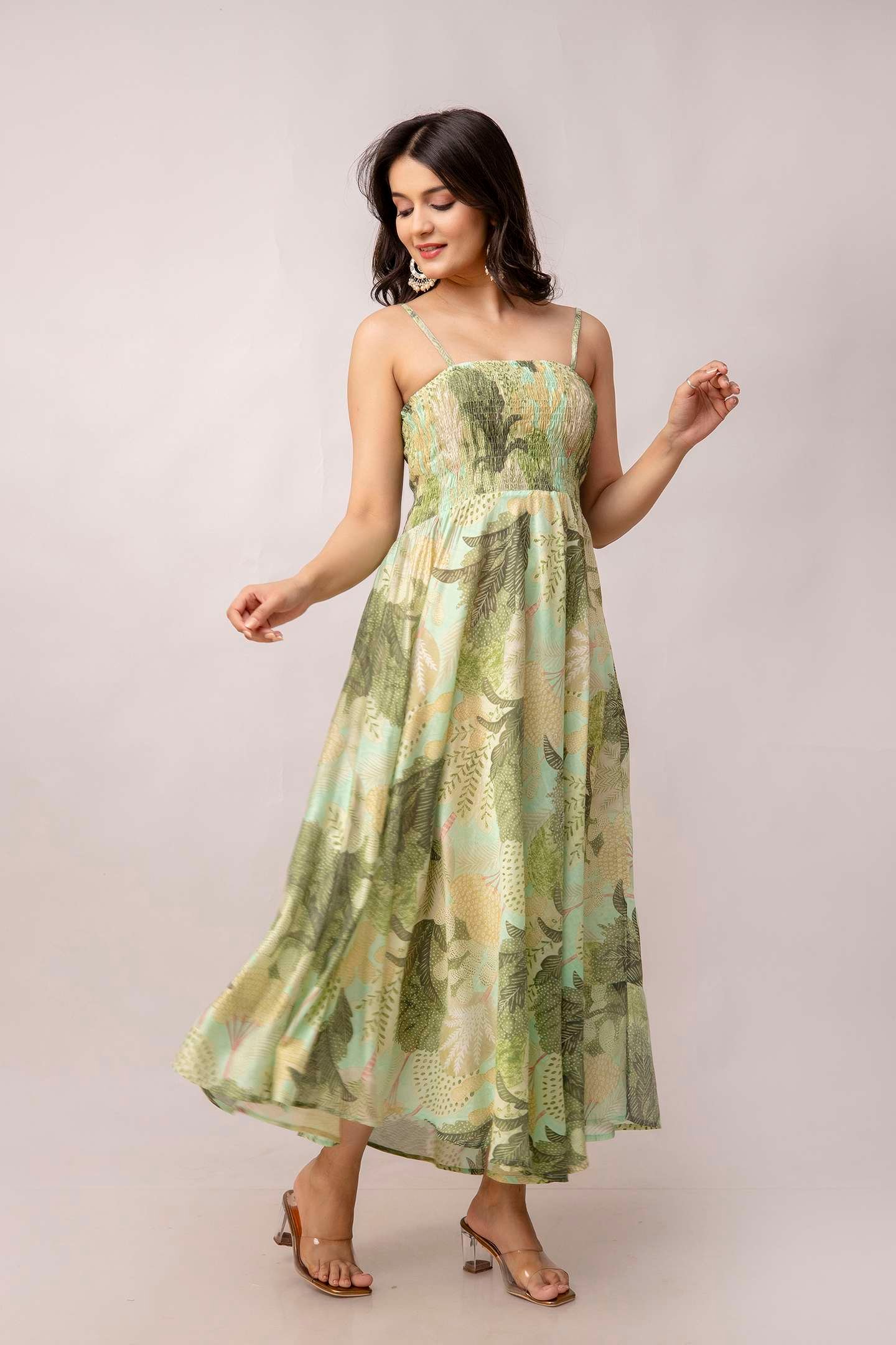 Women's Silk Printed Shoulder Straps Sleeveless Anarkali Gown Drees (Green) - Image 5