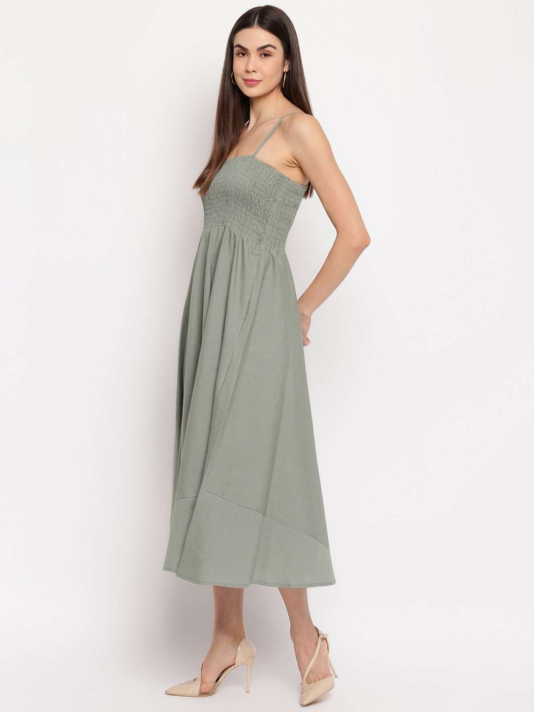 Women's Viscose Rayon Solid Shoulder Straps Sleeveless Flared Gown Drees (Pista) - Image 2