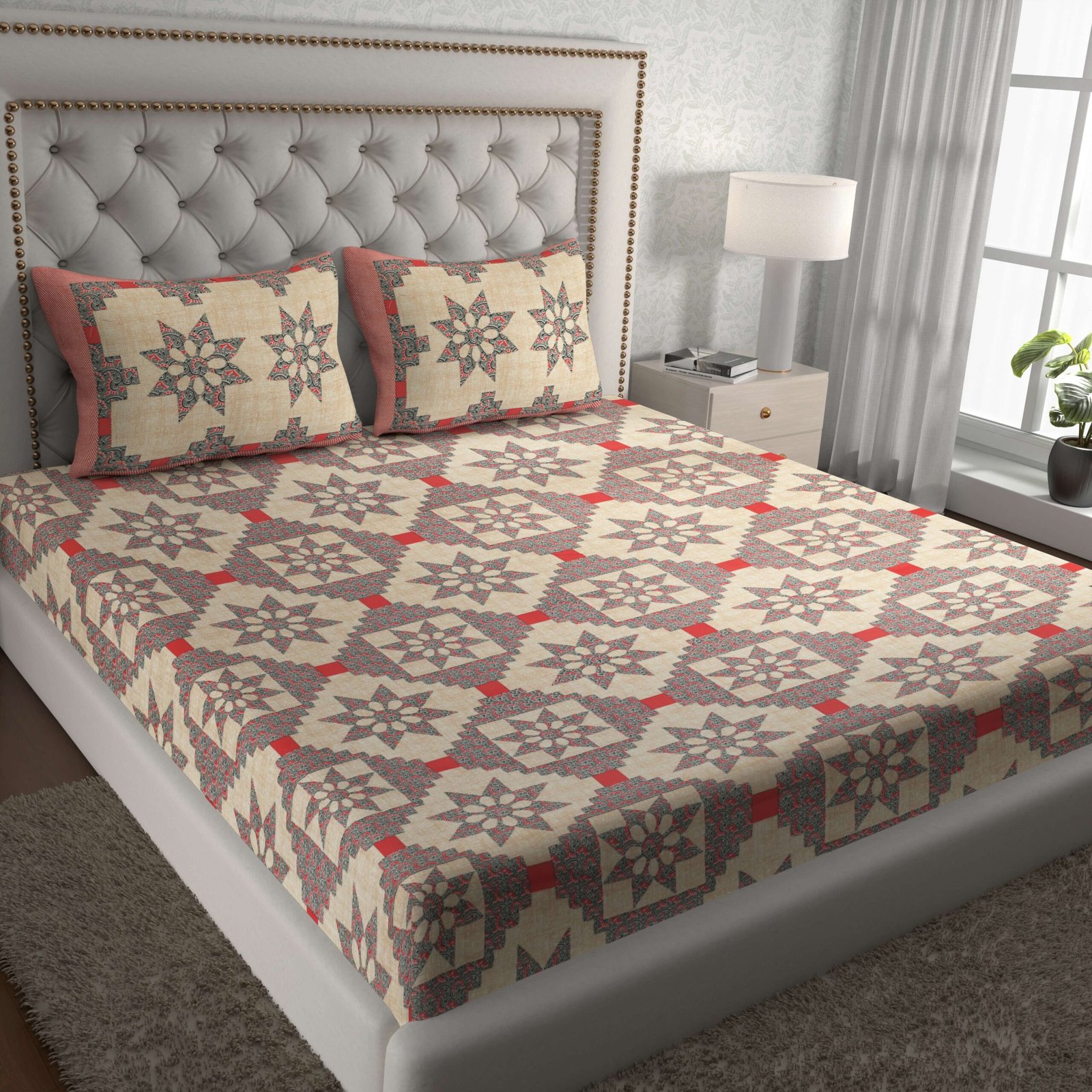 Rajasthani Traditionally Printed Cotton Doublebed Bedsheet With Pack of 2 Pillow Covers - Image 2