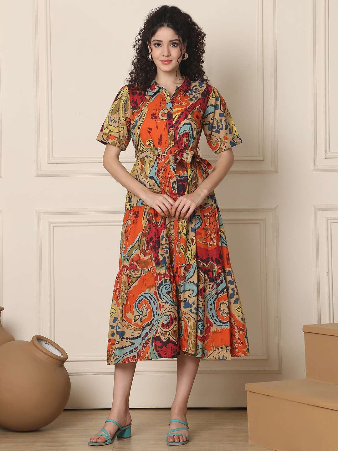 Women's Cotton Printed A-Line Midi Dress | Short Sleeve Flared Gown Dress (Multti Color1) - Image 7